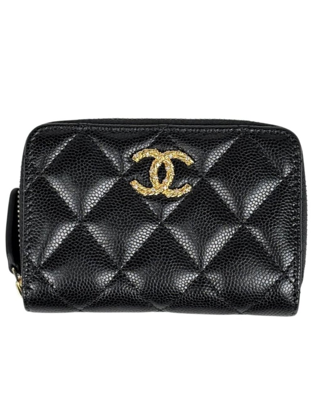 Chanel Card Case CC Logo Coin Purse Zip Around Caviar Leather Rhinestone Black